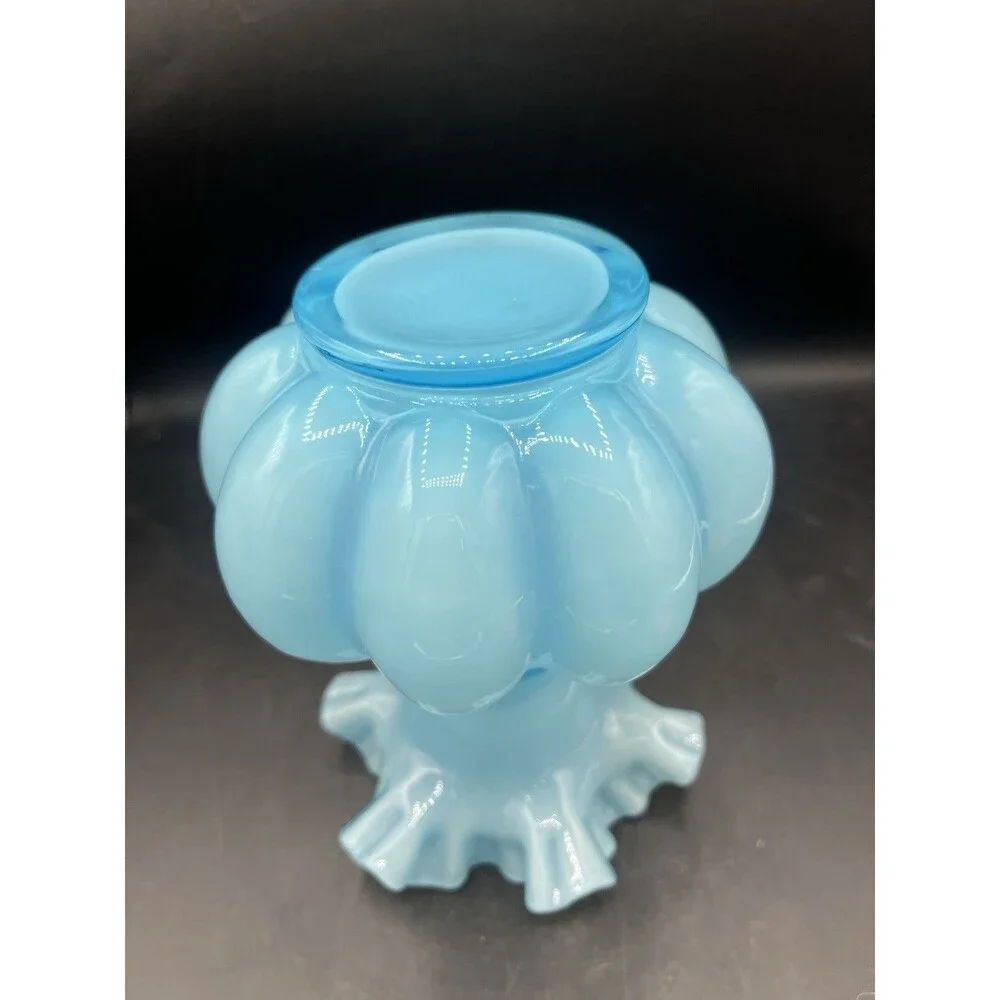 Vintage Fenton Blue Opalescent Melon Vase Ruffled Crimped Rim Art Glass 7.5”